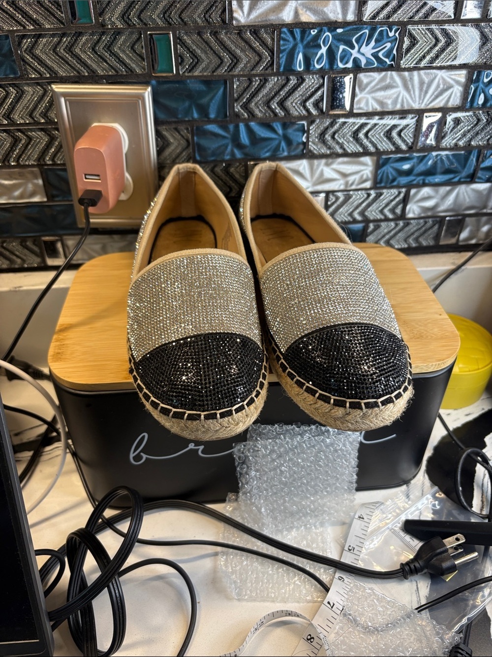INC International Concepts Black & Silver Crystal Espadrille Slip-Ons